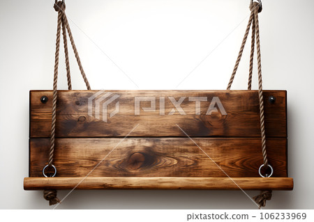 small Vintage old wooden sign hanging rope isolated on white background Generative AI 106233969