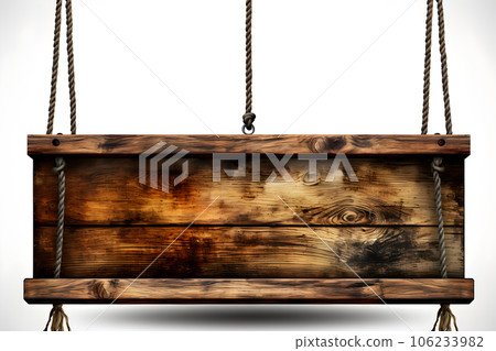 small Vintage old wooden sign hanging rope isolated on white background Generative AI 106233982