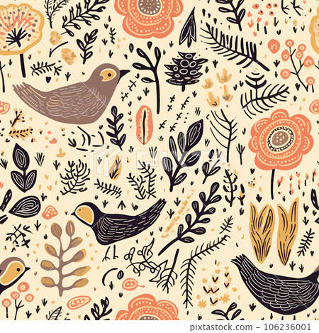 Cute birds among wildflowers and herbs in the garden. Vintage floral seamless pattern illustration Cute birds among wildflowers and herbs in the garden. Vintage floral seamless pattern illustration 106236001