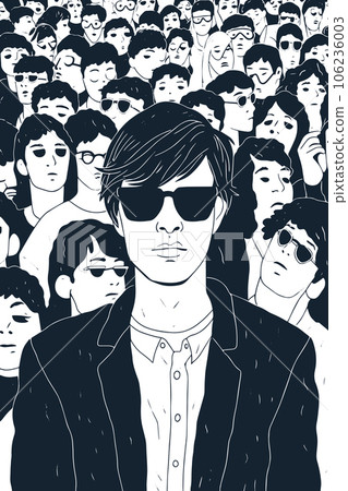 One man in a crowd of generic people where everybody looks similar and alike. Lots of similar people hiding their identity behind sunglasses 106236003