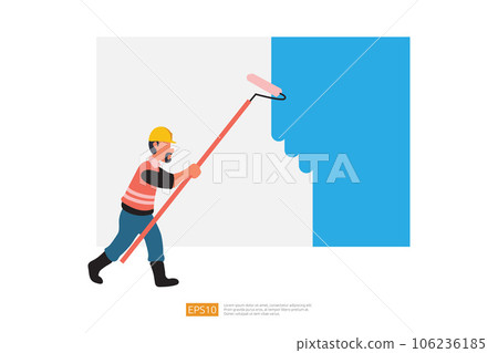Painter man Painting Wall with Roller Brush. Vector Illustration of Construction Worker Character 106236185