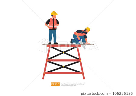 Construction Builder Character saws a board with a hand saw. Vector Illustration of Construction Worker 106236186