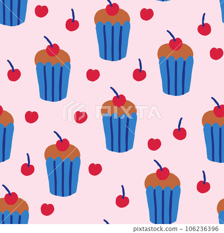 Cute seamless pattern with cupcakes with cherry on pink background. Desserts pattern design in hand drawn style. Vector illustration Cute seamless pattern with cupcakes with cherry on pink background. Desserts pattern design in hand drawn style. Vector illustration 106236396