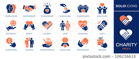 Charity icon set. Collection of donate, heart, unity, community, integrity and more. Vector illustration. Easily changes to any color. 106236618