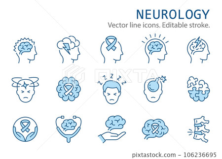 Neurology flat icons, such as stress, dementia, multiple sclerosis, epilepsy and more. Editable stroke. 106236695