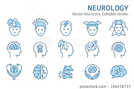 Neurology flat icons, such as brain tumors, dementia, multiple sclerosis, epilepsy and more. Editable stroke. 106236715