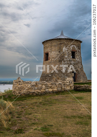 One of the towers of the ancient fortress of the ancient Bulgarian Yelabuga settlement and view of the city in the Republic of Tatarstan, Russia One of the towers of the ancient fortress of the ancient Bulgarian Yelabuga settlement and view of the city in the Republic of Tatarstan, Russia 106237017