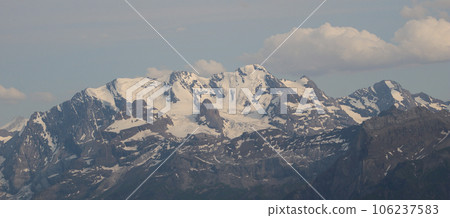 Bluemlisalp Range and glacier in summer, view from Niesen Kulm. 106237583