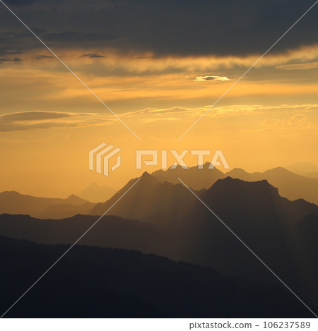 Outlines of Augstmatthorn, Tannhorn and Brienzer Rothorn at sunrise. Outlines of Augstmatthorn, Tannhorn and Brienzer Rothorn at sunrise. 106237589