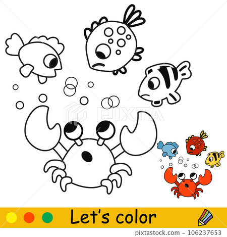 Kids coloring cute surprised crab and fishes vector 106237653