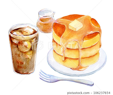熱蛋糕和冰咖啡套裝水彩插圖 熱蛋糕和冰咖啡套裝水彩插圖 106237654