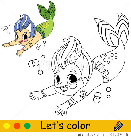 Kids coloring little mermaid with a fish vector illustration 106237656