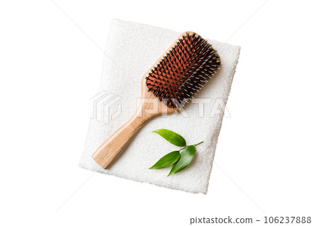 cosmetic for hair care, cream and towel isolated on white background top view. flat lay 106237888