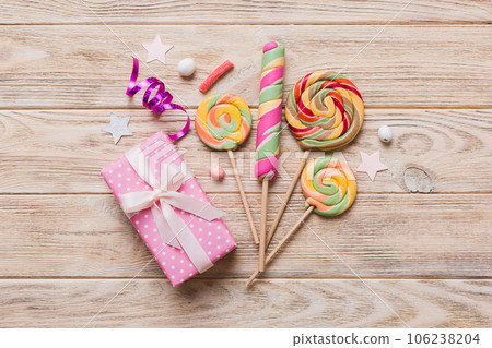 Collection of birthday party objects with gift box. Valentines day gift box. Top view flat lay with copy space 106238204