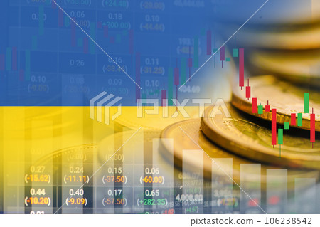 Stock market investment trading financial, coin and Ukraine flag or Forex for analyze profit finance business trend data background. 106238542