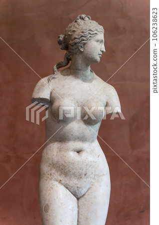 Classical antique sculpture of a woman in marble or white stone. Ancient greek art and culture, human statue 106238623