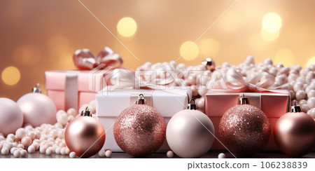 Christmas celebration holiday banner. Festive balls and gifts close up 106238839
