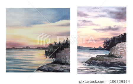 Watercolor landscape illustration set. Colourful sunset on the sea, the cloud and reflection on the water. Hand drawn background pier wall tree Maritime design kit for cards, banner, travel booklet. 106239334