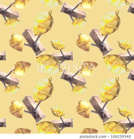 Nautical seamless pattern Watercolor illustration. Maritime elements of fastening for boats, bollards, yellow buoys, ropes Isolated on yellow background Sea design for wrapping paper wallpaper print Nautical seamless pattern Watercolor illustration. Maritime elements of fastening for boats, bollards, yellow buoys, ropes Isolated on yellow background Sea design for wrapping paper wallpaper print 106239348