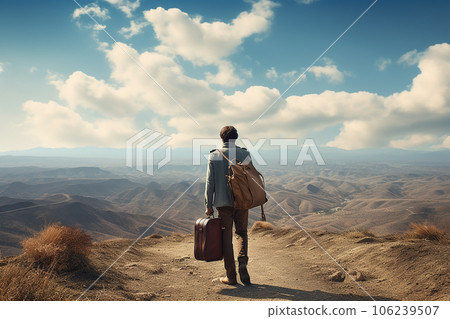 Backside view of man walking on trail, young man in traveling, Generative AI 106239507