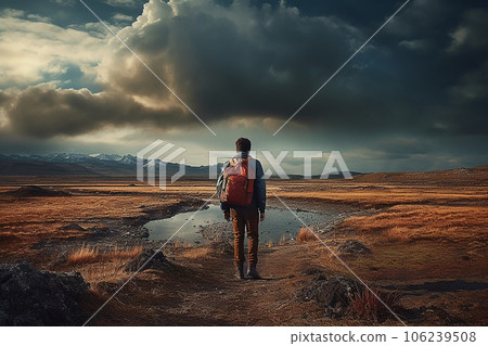Backside view of man walking on trail, young man in traveling, Generative AI Backside view of man walking on trail, young man in traveling, Generative AI 106239508