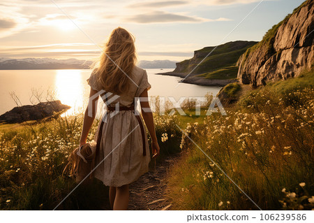 Backside view of woman walking on trail, young lady in traveling, Generative AI Backside view of woman walking on trail, young lady in traveling, Generative AI 106239586