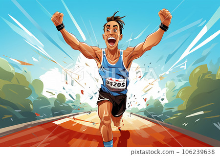 Winner athlete running to finish line, cartoon character style, Generative AI 106239638