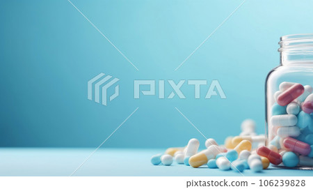 Colorful capsule pills on the table and inside medicine bottle isolated on blue background with copy space, healthcare concept close up shot. Generative AI 106239828