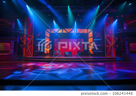 Theater stage light background with spotlight illuminated the stage for opera performance. Stage lighting. Empty stage with bright colors backdrop decoration. Entertainment show. Generative AI. 106241448