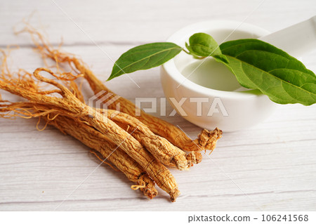 Ginseng roots and green leaf, healthy food. Ginseng roots and green leaf, healthy food. 106241568