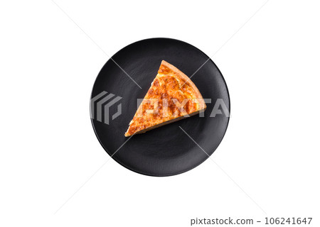 Beautiful delicious quiche pie with four types of cheese with spices and herbs Beautiful delicious quiche pie with four types of cheese with spices and herbs 106241647