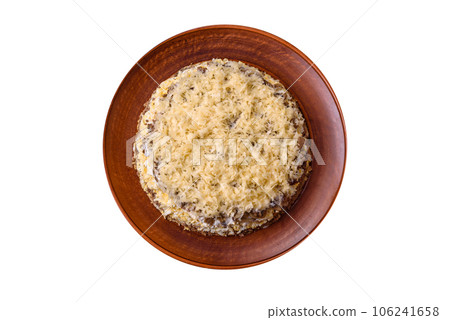 Delicious fresh pie with chicken liver, eggs, onions, carrots and mayonnaise 106241658