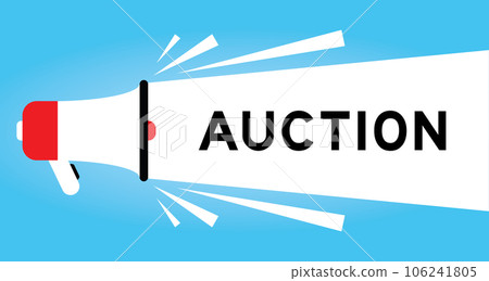 Color megaphone icon with word auction in white banner on blue background Color megaphone icon with word auction in white banner on blue background 106241805