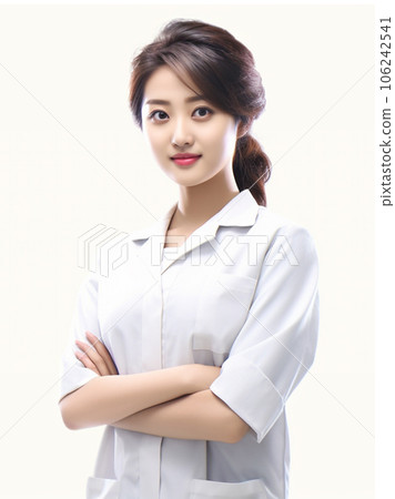 A female nurse in a white coat with folded arms (AI generation) A female nurse in a white coat with folded arms (AI generation) 106242541