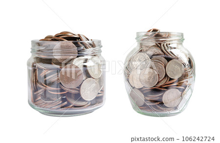 Coins in glass jar isolated on white background with clipping path, Business finance saving money banking investment concept. 106242724
