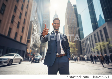 Happy successful businessman showing thumbs up in business district among skyscrapers.  106243071