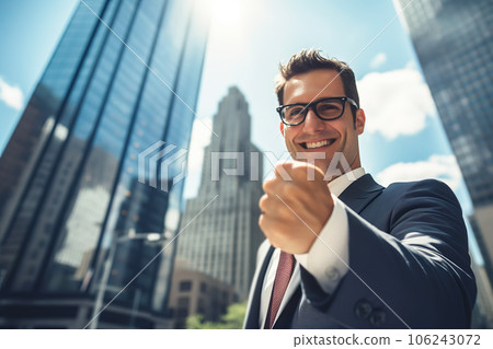 Happy successful businessman showing fist in business district among skyscrapers.  106243072
