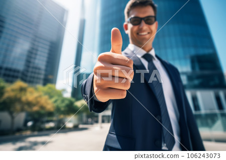 Happy successful businessman showing thumbs up in business district among skyscrapers.  106243073