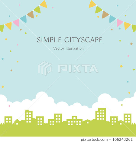 Vector illustration of a beautiful cityscape with garland and confetti dancing in a refreshing blue sky 106243261