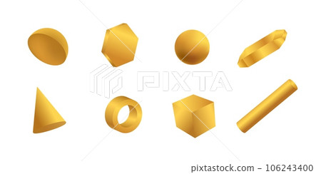 Golden geometric 3d shapes set. Cylinders with hexagon and triangle 106243400
