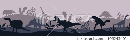 Dinosaurs silhouettes landscape. Dinosaur background 106243401