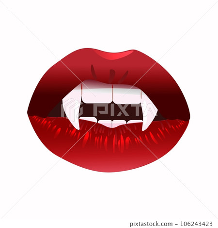 Lips with vampire fangs. Evil dracula grin with blood red kiss 106243423