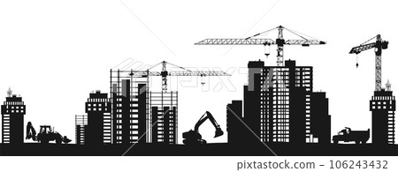 Construction cityscape with a tower crane black silhouette Construction cityscape with a tower crane black silhouette 106243432