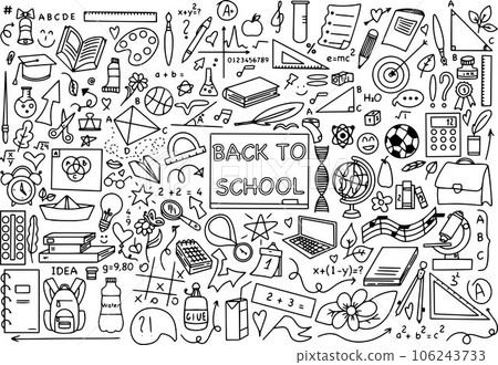 Background of school icons in doodle style. School education. Back to school doodle drawing. Vector illustration 106243733