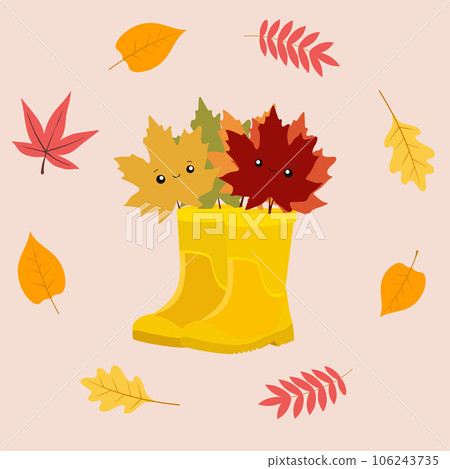 Yellow tall clear rubber boots with maple leaves in kawaii style. Gardening, autumn. Autumn banner. Vector Yellow tall clear rubber boots with maple leaves in kawaii style. Gardening, autumn. Autumn banner. Vector 106243735