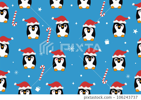 Christmas cute little penguins in Santa's hat. Christmas cute animal cartoon character. Vector illustration Christmas cute little penguins in Santa's hat. Christmas cute animal cartoon character. Vector illustration 106243737