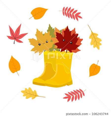 Yellow tall clear rubber boots with maple leaves in kawaii style. Gardening, autumn. Autumn banner. Vector Yellow tall clear rubber boots with maple leaves in kawaii style. Gardening, autumn. Autumn banner. Vector 106243744