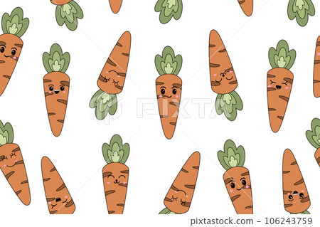 Vector seamless pattern of cartoon hand drawn doodle carrot with kawaii face isolated on white background. Vector illustration Vector seamless pattern of cartoon hand drawn doodle carrot with kawaii face isolated on white background. Vector illustration 106243759