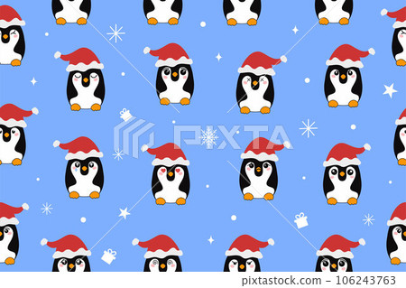 Christmas cute little penguins in Santa's hat. Christmas cute animal cartoon character. Vector illustration 106243763