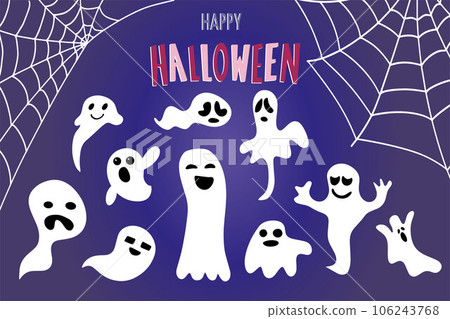 Cute autumn backgrounds with ghosts, pumpkins, spider web. Colorful vector templat for social media post, flyer, postcard design. vector illustration Cute autumn backgrounds with ghosts, pumpkins, spider web. Colorful vector templat for social media post, flyer, postcard design. vector illustration 106243768